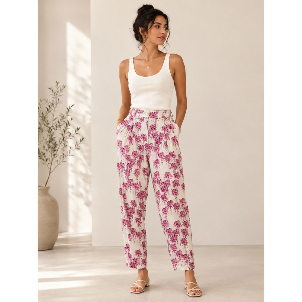 Stella Nova Anthropologie SILK  Purple Pink Abstract Floral Pants 34/XS